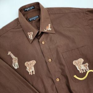 Rare Marquis Brown Button Down Shirt Embroidered Elephants Giraffe‎ Size M